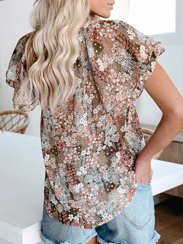 Blue Zone Planet | printed v-neck half cardigan loose short-sleeved shirt BLUE ZONE PLANET