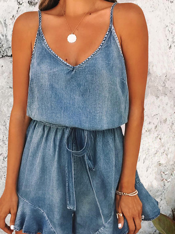 Blue Zone Planet |  Summer street cotton denim distressed spaghetti strap jumpsuit BLUE ZONE PLANET