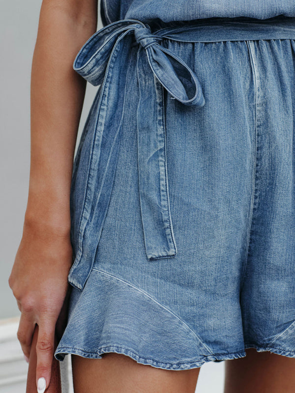 Blue Zone Planet |  Summer street cotton denim distressed spaghetti strap jumpsuit BLUE ZONE PLANET