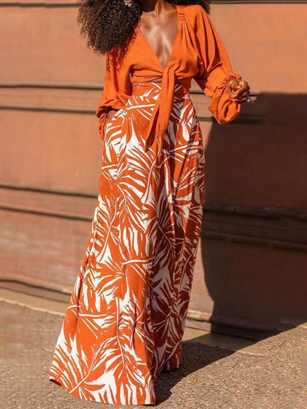 Blue Zone Planet | New temperament printed pants V-neck top long-sleeved two-piece set BLUE ZONE PLANET