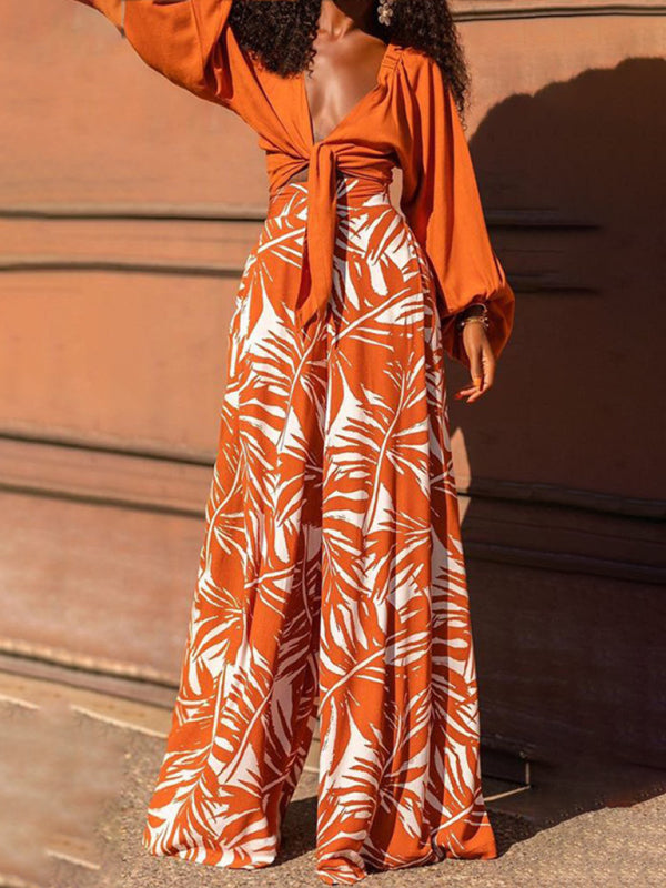 Blue Zone Planet |  New temperament printed pants V-neck top long-sleeved two-piece set BLUE ZONE PLANET