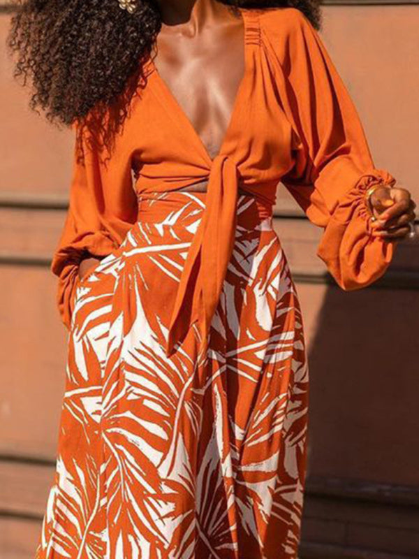 Blue Zone Planet | New temperament printed pants V-neck top long-sleeved two-piece set BLUE ZONE PLANET