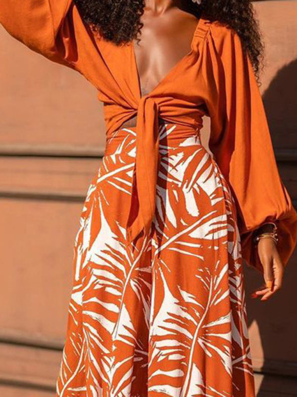Blue Zone Planet | New temperament printed pants V-neck top long-sleeved two-piece set BLUE ZONE PLANET