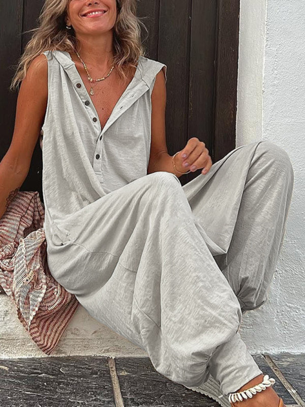 Blue Zone Planet | Solid Color Button Hooded Sleeveless Trousers Jumpsuit BLUE ZONE PLANET