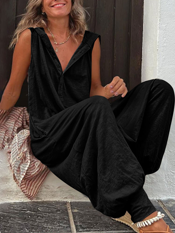 Blue Zone Planet | Solid Color Button Hooded Sleeveless Trousers Jumpsuit BLUE ZONE PLANET