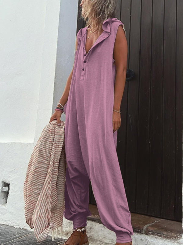 Blue Zone Planet | Solid Color Button Hooded Sleeveless Trousers Jumpsuit BLUE ZONE PLANET