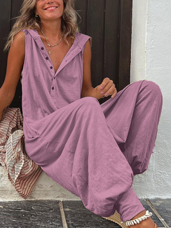 Blue Zone Planet | Solid Color Button Hooded Sleeveless Trousers Jumpsuit BLUE ZONE PLANET
