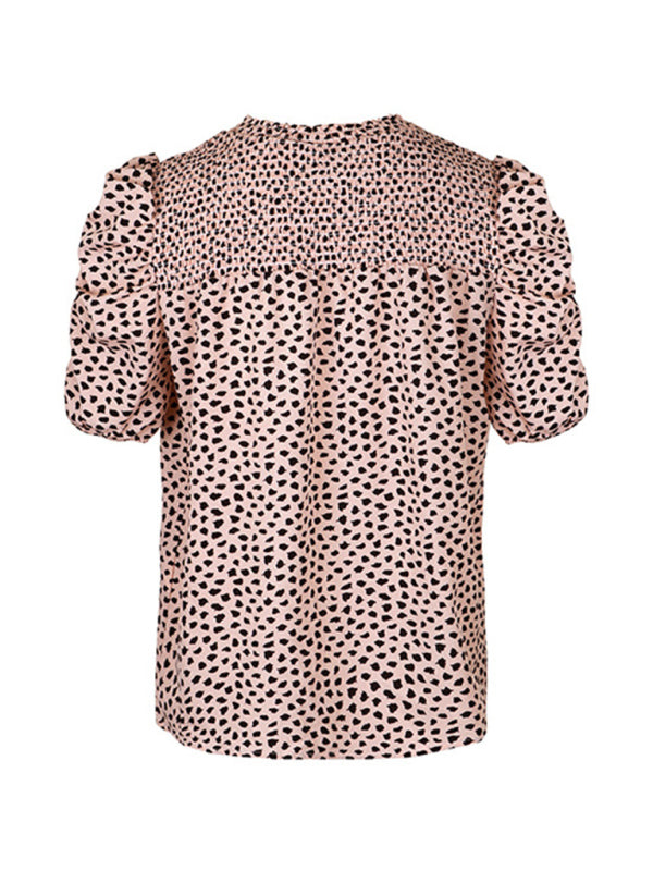 Blue Zone Planet |  Cora's Woven Leopard Print Round Neck Short Sleeve Shirt BLUE ZONE PLANET