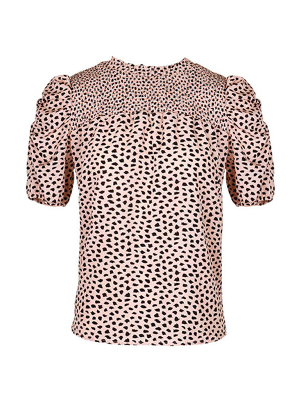 Blue Zone Planet |  Cora's Woven Leopard Print Round Neck Short Sleeve Shirt BLUE ZONE PLANET