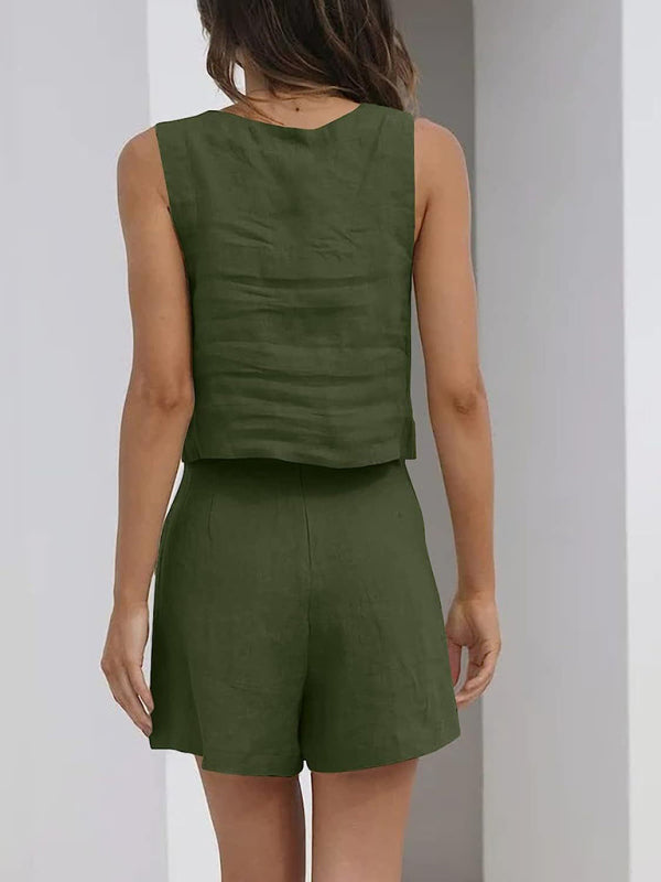 Blue Zone Planet | Women's Solid Color Casual Cotton Linen Sleeveless Square Neck Top + Shorts Two-Piece Set BLUE ZONE PLANET