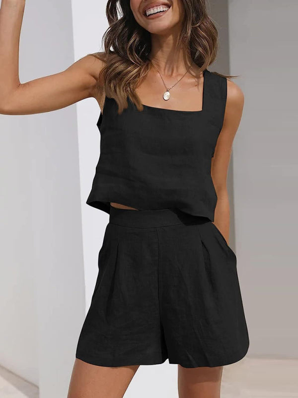 Blue Zone Planet | Women's Solid Color Casual Cotton Linen Sleeveless Square Neck Top + Shorts Two-Piece Set BLUE ZONE PLANET