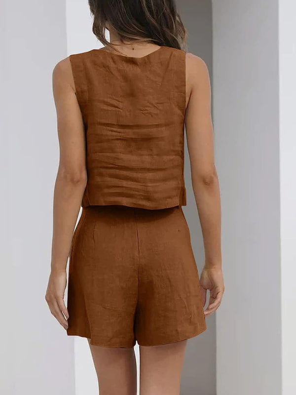 Blue Zone Planet | Women's Solid Color Casual Cotton Linen Sleeveless Square Neck Top + Shorts Two-Piece Set BLUE ZONE PLANET