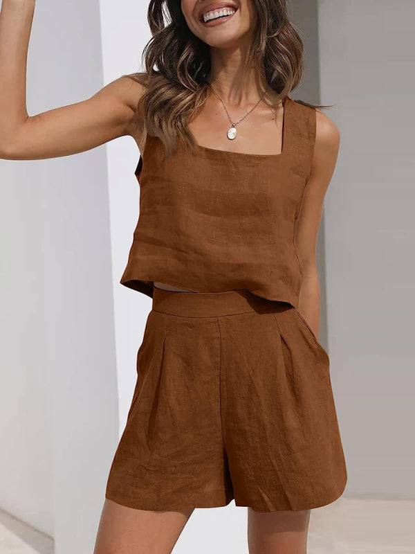 Blue Zone Planet | Women's Solid Color Casual Cotton Linen Sleeveless Square Neck Top + Shorts Two-Piece Set BLUE ZONE PLANET