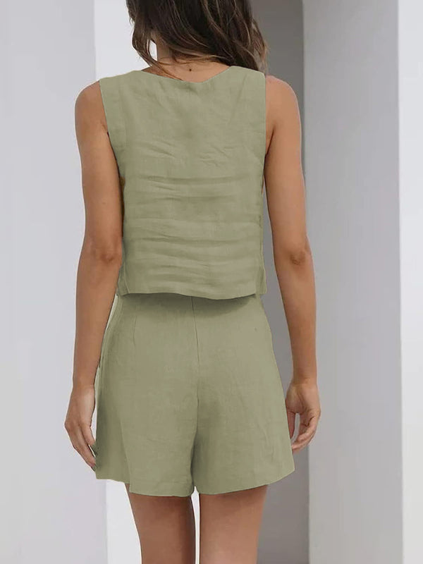 Blue Zone Planet | Women's Solid Color Casual Cotton Linen Sleeveless Square Neck Top + Shorts Two-Piece Set BLUE ZONE PLANET