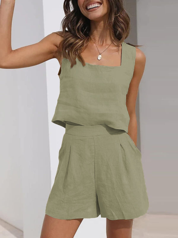 Blue Zone Planet | Women's Solid Color Casual Cotton Linen Sleeveless Square Neck Top + Shorts Two-Piece Set BLUE ZONE PLANET