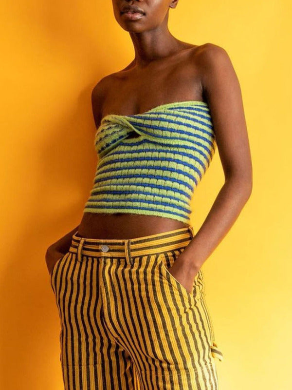Blue Zone Planet | Vacation Striped Sweater Knit Bandeau Tank Top BLUE ZONE PLANET