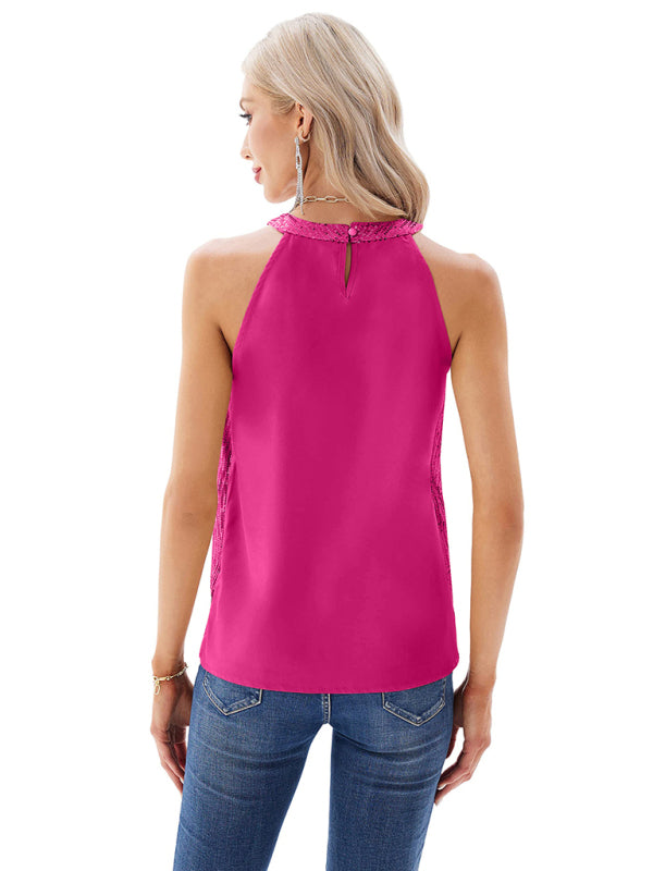 Blue Zone Planet | Solid Color Sequined Halter Tank Top BLUE ZONE PLANET