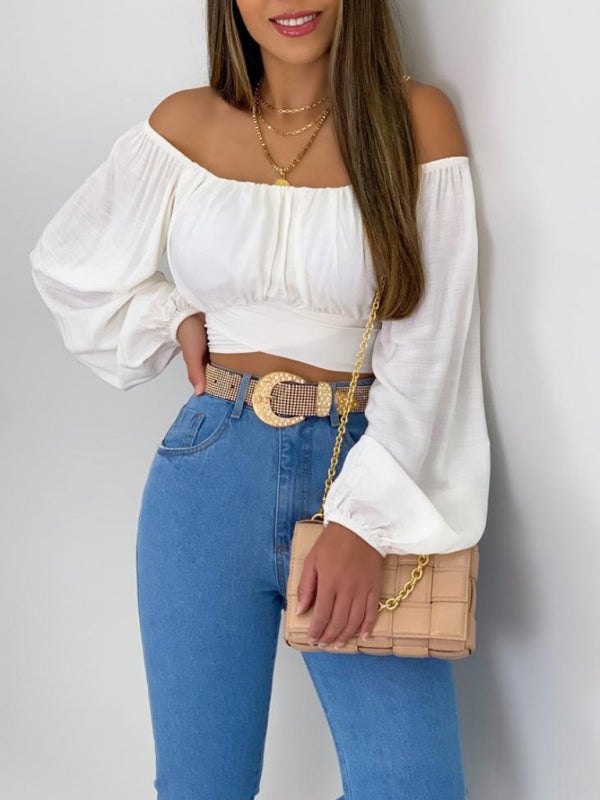 Blue Zone Planet | Solid Color One Shoulder Balloon Sleeve Top BLUE ZONE PLANET