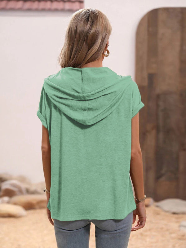 Blue Zone Planet | Solid Color Loose Hooded Button Short Sleeve Top BLUE ZONE PLANET