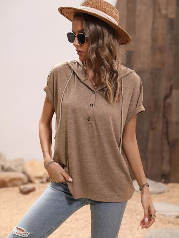 Blue Zone Planet | Solid Color Loose Hooded Button Short Sleeve Top BLUE ZONE PLANET