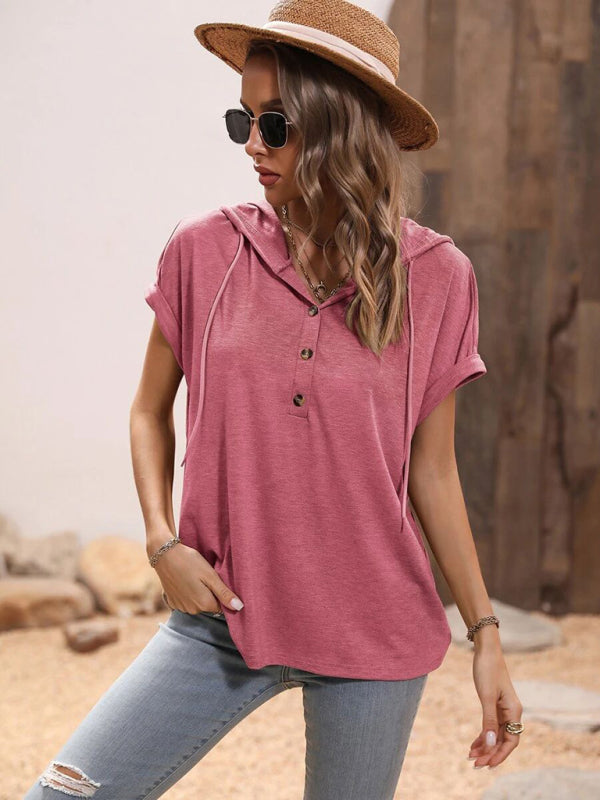 Blue Zone Planet | Solid Color Loose Hooded Button Short Sleeve Top BLUE ZONE PLANET