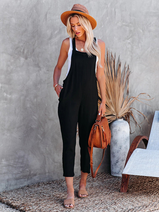 Blue Zone Planet | Summer Street Trendy Women's Cotton Casual Pants Overalls-[Adult]-[Female]-Black-S-2022 Online Blue Zone Planet