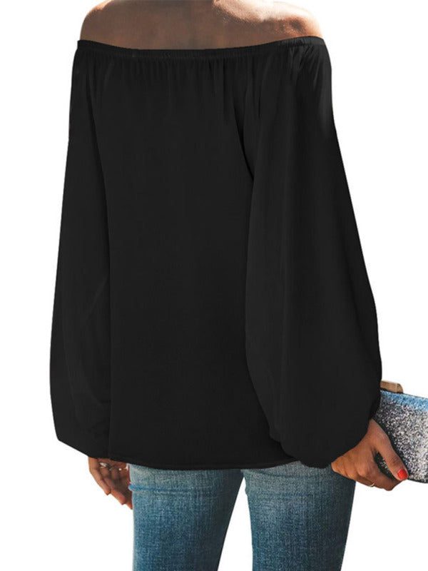 off-shoulder solid color simple lantern sleeve loose long-sleeved top BLUE ZONE PLANET