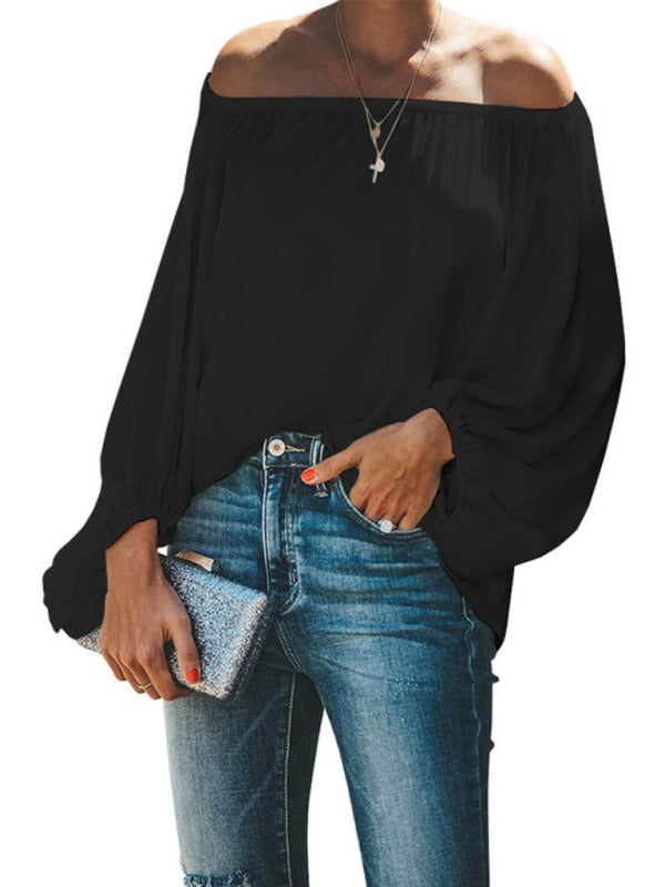 off-shoulder solid color simple lantern sleeve loose long-sleeved top BLUE ZONE PLANET