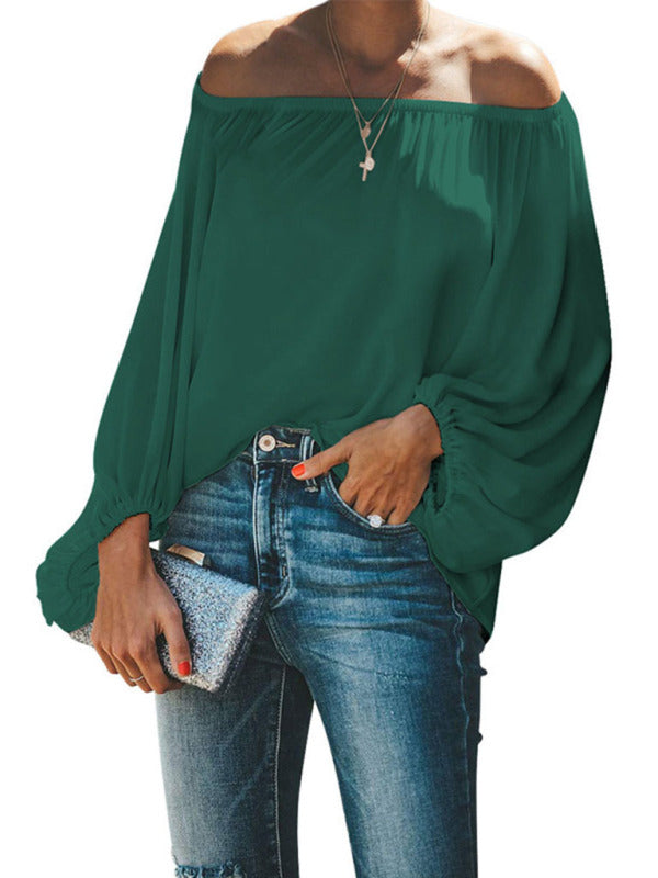 off-shoulder solid color simple lantern sleeve loose long-sleeved top BLUE ZONE PLANET