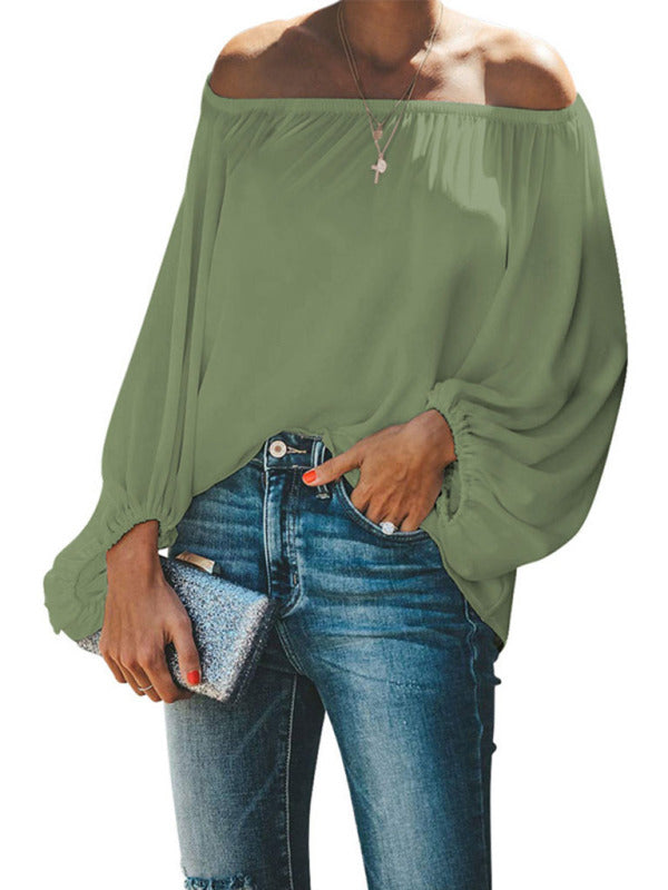 off-shoulder solid color simple lantern sleeve loose long-sleeved top BLUE ZONE PLANET