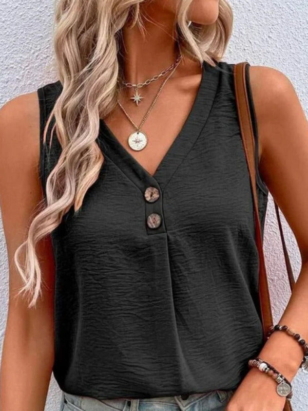 Women's Solid Color Casual V-Neck Button Sleeveless Top kakaclo
