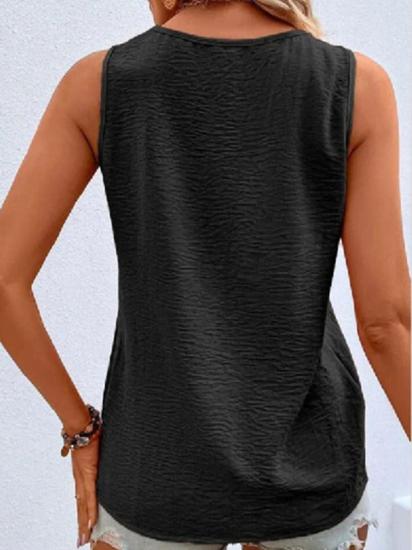 Women's Solid Color Casual V-Neck Button Sleeveless Top kakaclo