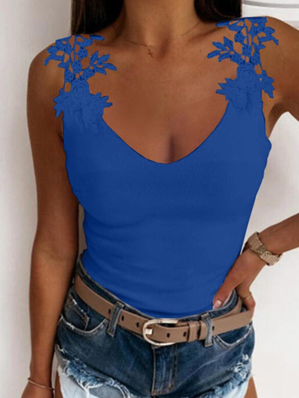 Blue Zone Planet | Summer U-neck solid color lace t-shirt top vest BLUE ZONE PLANET