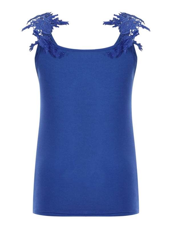 Blue Zone Planet | Summer U-neck solid color lace t-shirt top vest BLUE ZONE PLANET