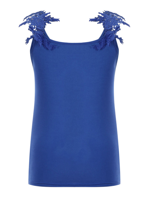 Blue Zone Planet |  Summer U-neck solid color lace t-shirt top vest BLUE ZONE PLANET