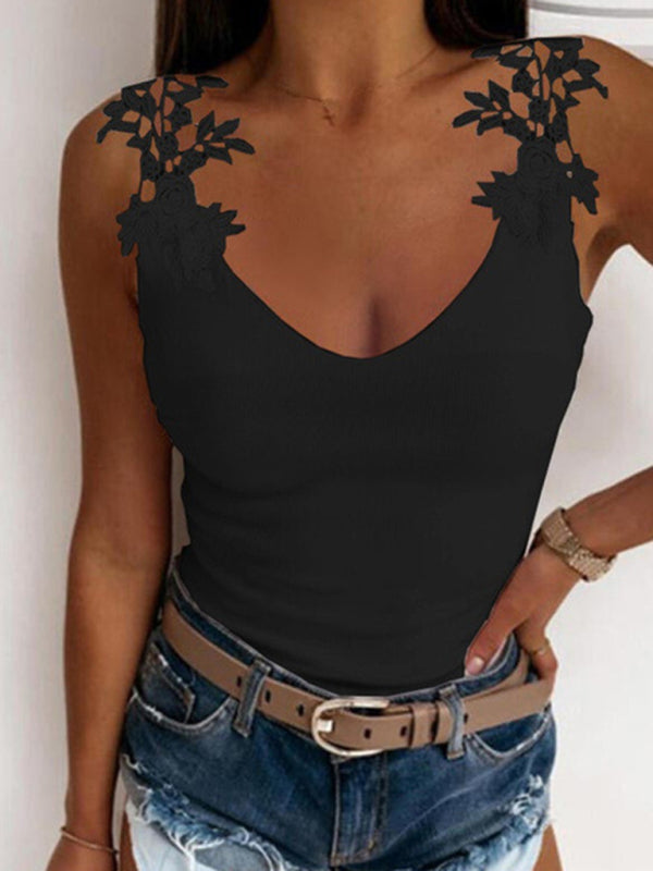 Blue Zone Planet | Summer U-neck solid color lace t-shirt top vest BLUE ZONE PLANET