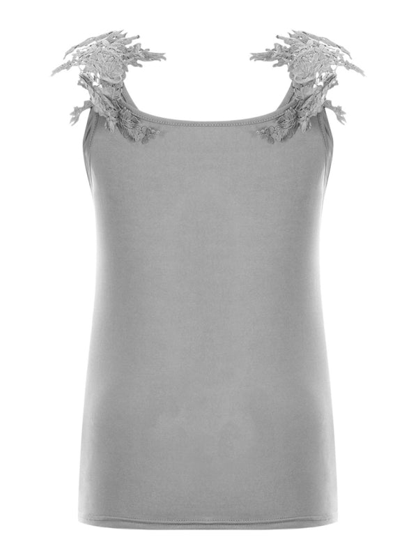 Blue Zone Planet | Summer U-neck solid color lace t-shirt top vest BLUE ZONE PLANET