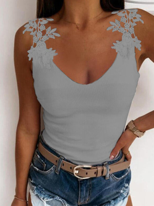 Blue Zone Planet | Summer U-neck solid color lace t-shirt top vest BLUE ZONE PLANET