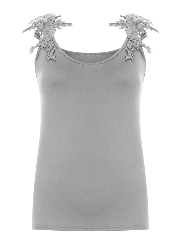 Blue Zone Planet | Summer U-neck solid color lace t-shirt top vest BLUE ZONE PLANET
