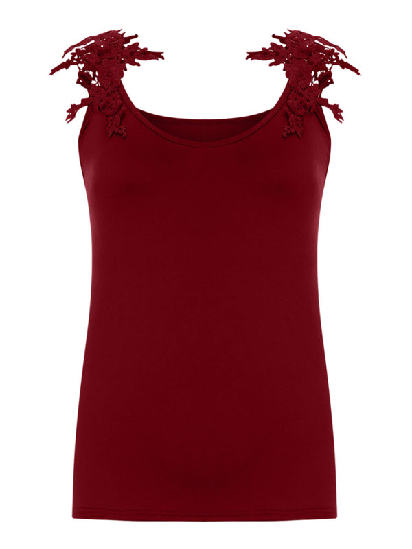 Blue Zone Planet | Summer U-neck solid color lace t-shirt top vest BLUE ZONE PLANET