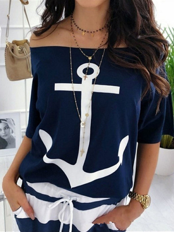 Blue Zone Planet | loose one-shoulder bat shirt print T-shirt BLUE ZONE PLANET