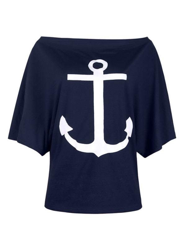 Blue Zone Planet | loose one-shoulder bat shirt print T-shirt BLUE ZONE PLANET