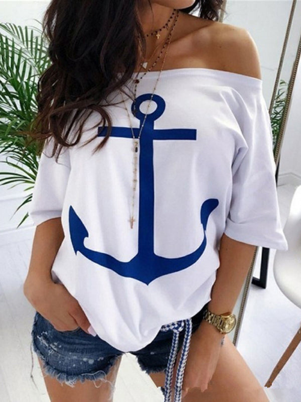 Blue Zone Planet | loose one-shoulder bat shirt print T-shirt BLUE ZONE PLANET