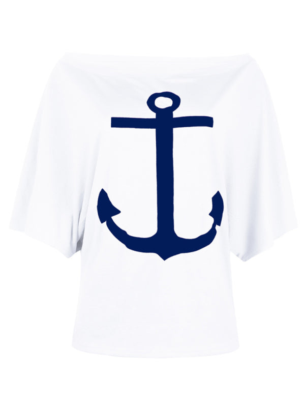 Blue Zone Planet | loose one-shoulder bat shirt print T-shirt BLUE ZONE PLANET
