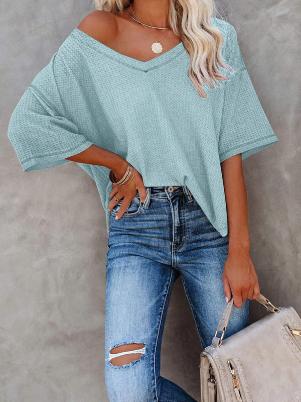 Blue Zone Planet | Ella's V Neck Dolman Sleeve Waffle Knit Loose Solid Color Short Sleeve T-Shirt-TOPS / DRESSES-[Adult]-[Female]-Clear blue-S-2022 Online Blue Zone Planet