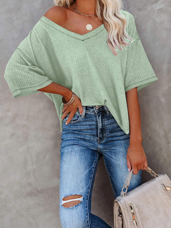 Blue Zone Planet | Ella's V Neck Dolman Sleeve Waffle Knit Loose Solid Color Short Sleeve T-Shirt-TOPS / DRESSES-[Adult]-[Female]-Pale green-S-2022 Online Blue Zone Planet
