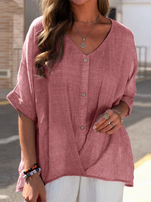 Blue Zone Planet | Button V Neck Pullover Short Sleeve Loose Fit Blouse Top BLUE ZONE PLANET