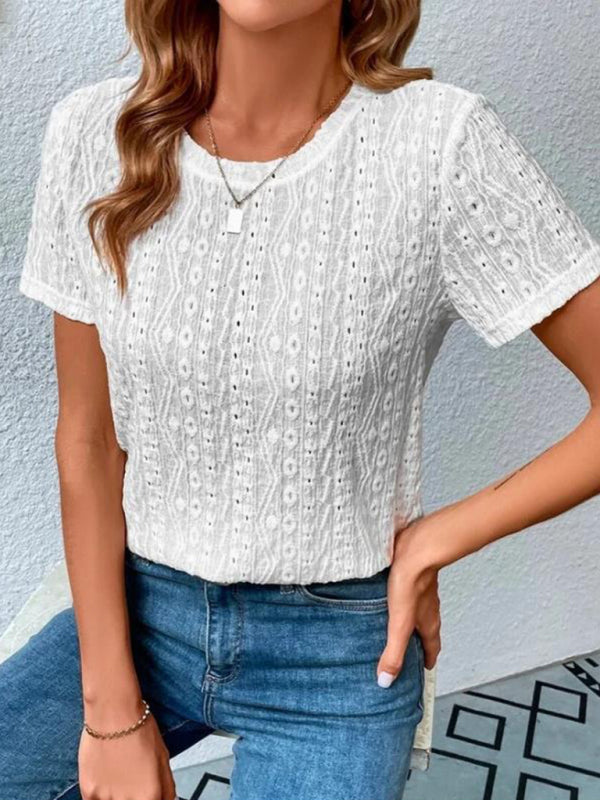Comfortable Fresh Sweet Round Neck Hollow Short Sleeve T-Shirt BLUE ZONE PLANET