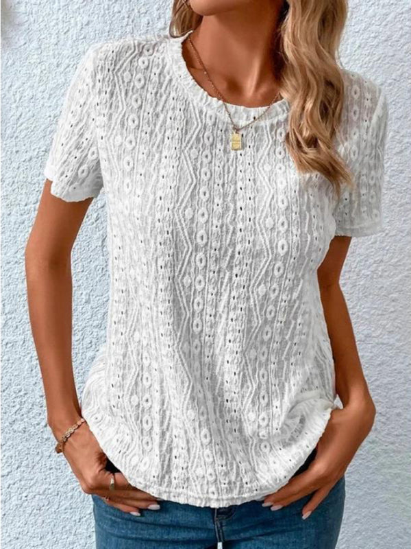 Comfortable Fresh Sweet Round Neck Hollow Short Sleeve T-Shirt BLUE ZONE PLANET