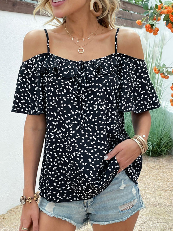 Women's love print off-shoulder short-sleeved top kakaclo